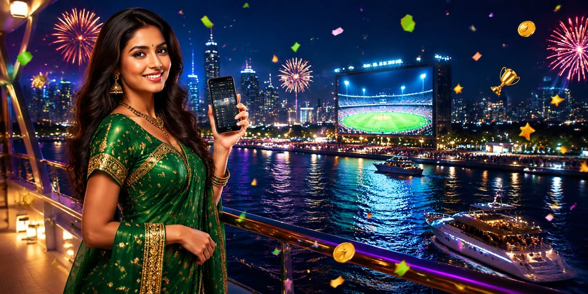 Indian woman in saree placing cricket bets on mobile in lively market